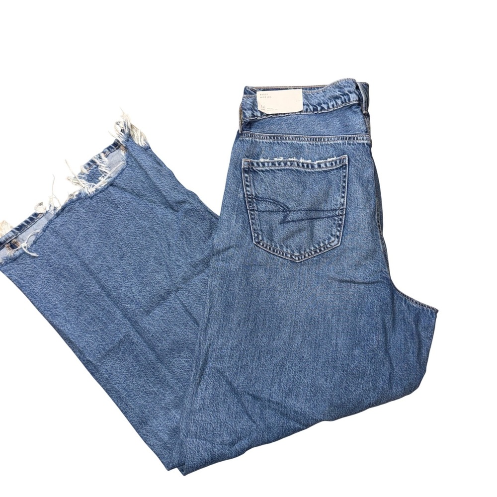 American Eagle Baggy Wide Leg Jeans 16 Blue Super High Rise Raw Hem 4226